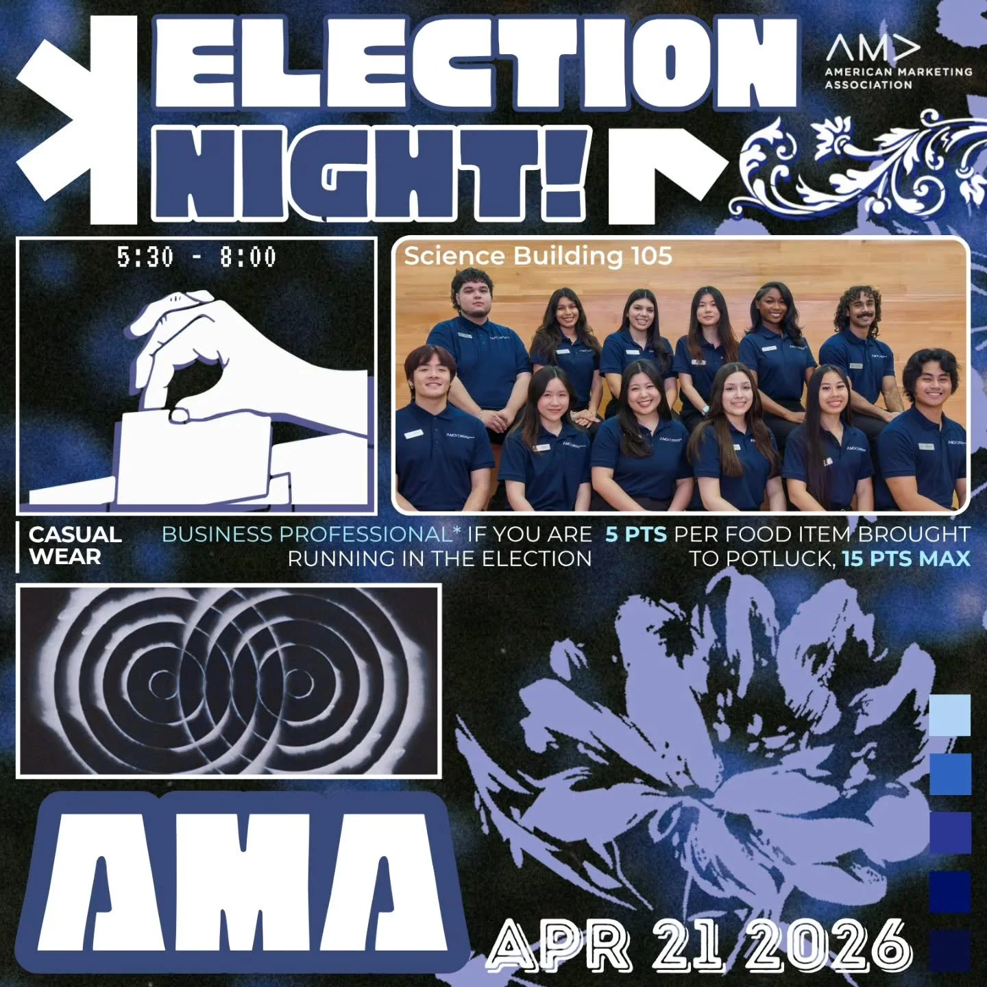 Hey fAMALy 🗳️
Join us for Election Night to vote for the Fall 2026 Executive Board 💙
All members are welcome to run for an officer position. If you&rsquo;re not running, come through and vote!
This is your chance to be part of choosing the next lea