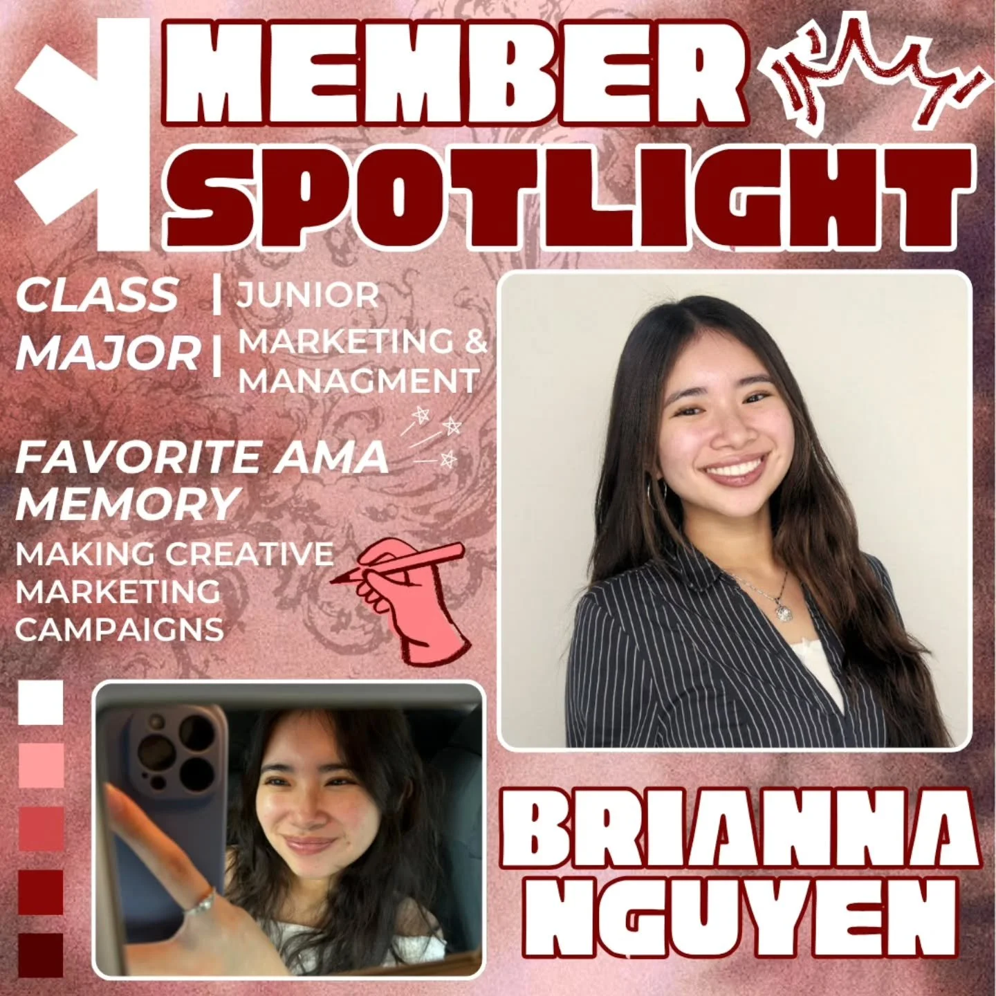 Hey fAMALy! 👋
We&rsquo;re taking this time to recognize one of our active members this semester, Brianna! 🙌
Currently a junior majoring in Marketing &amp; Management, Brianna brings a lot of energy and confidence, always adding to the vibe at AMA ?