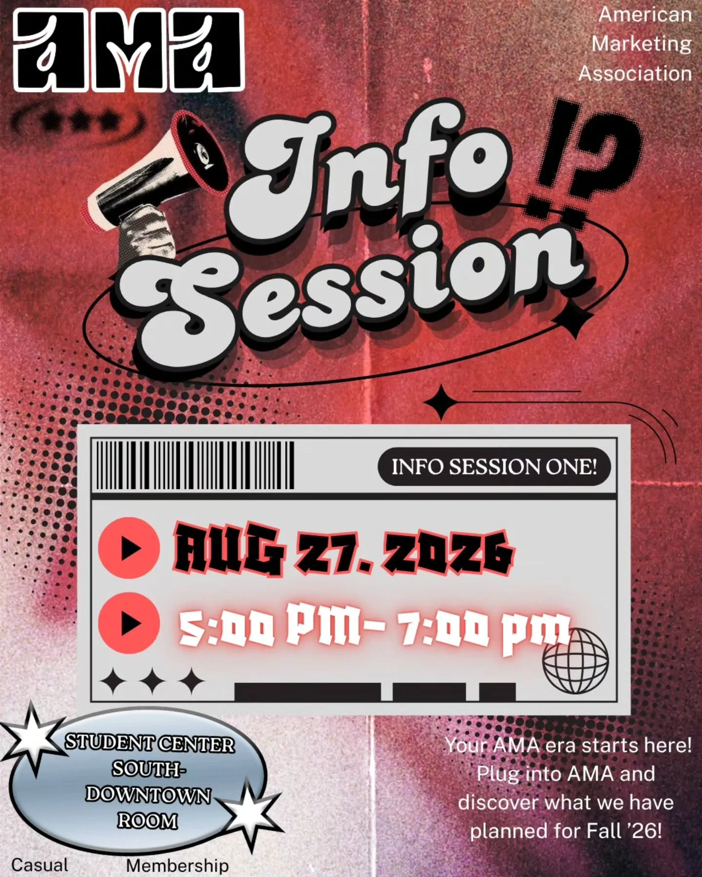 Ready to level up your marketing game? 🚀

​Come through to our first Info Session to meet the officers, connect with fellow members, and learn how to get involved with AMA this semester!

​When: Aug 27, 2026 | 5:00 PM &ndash; 7:00 PM
​Where: Student