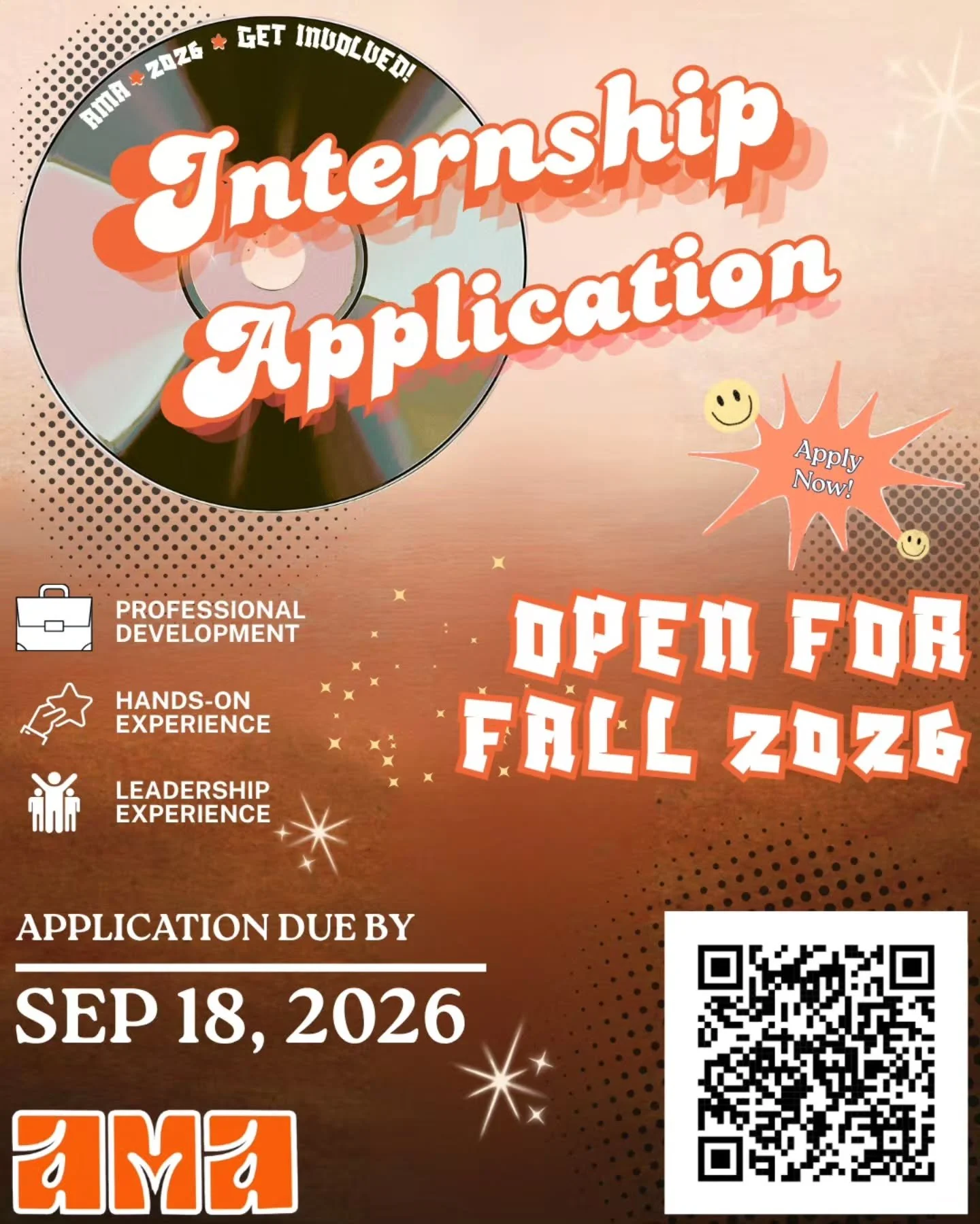 Hey fAMAly! Are you ready to step into the spotlight? Applications for the Fall 2026 AMA Internship Program are live! Work directly alongside officers, gain hands-on marketing experience, and build real leadership skills to power your resume. 😎⚡️

?