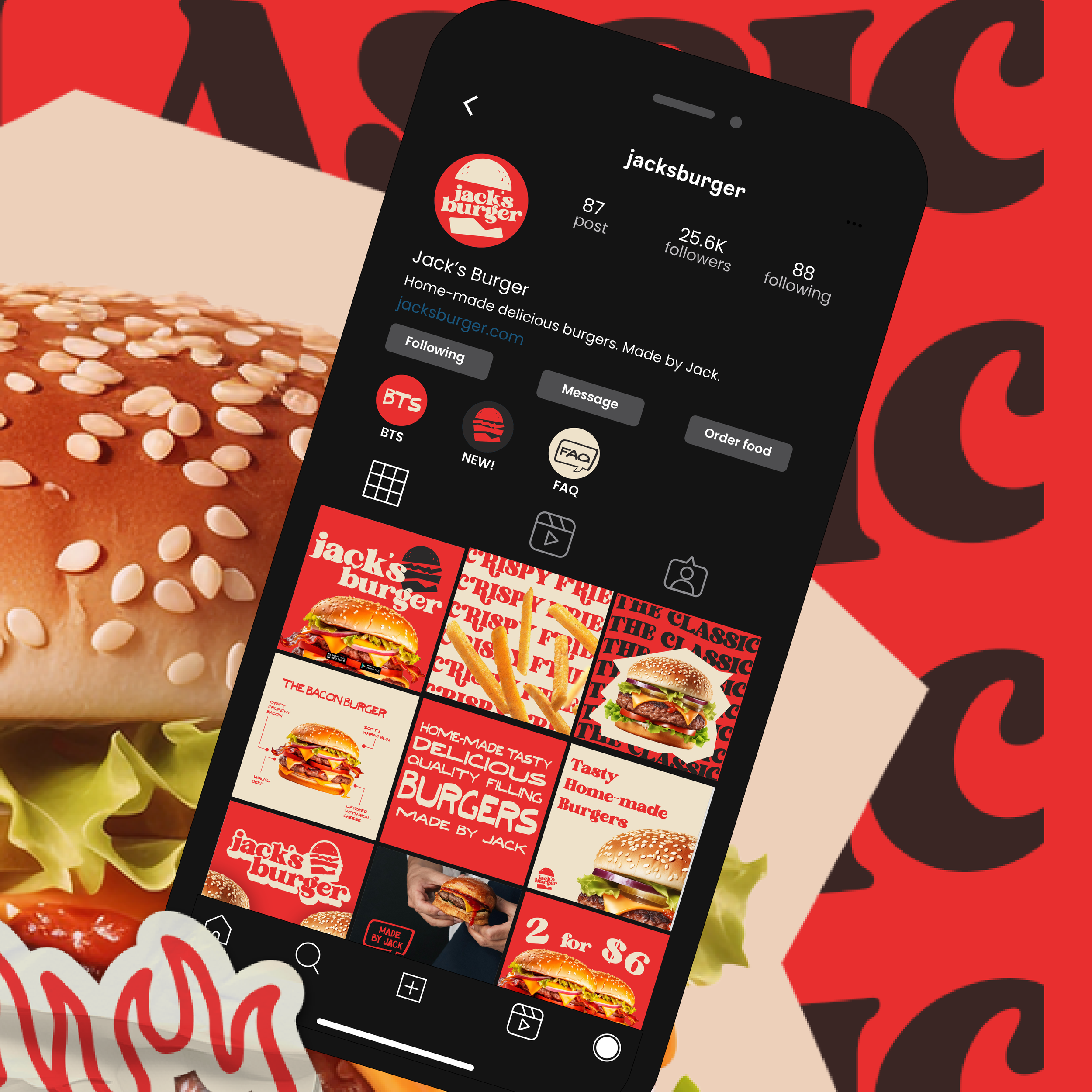 Smartphone displaying Instagram profile of "Jack's Burger" with images of burgers and promotional graphics. Background includes a close-up of a burger and decorative text.