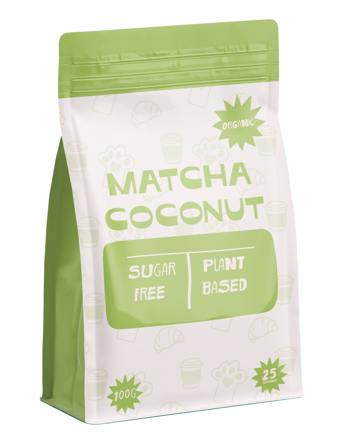 Packaging for organic matcha coconut powder, with a green and white design indicating it is sugar-free, plant-based, 100 grams, and makes 25 servings.