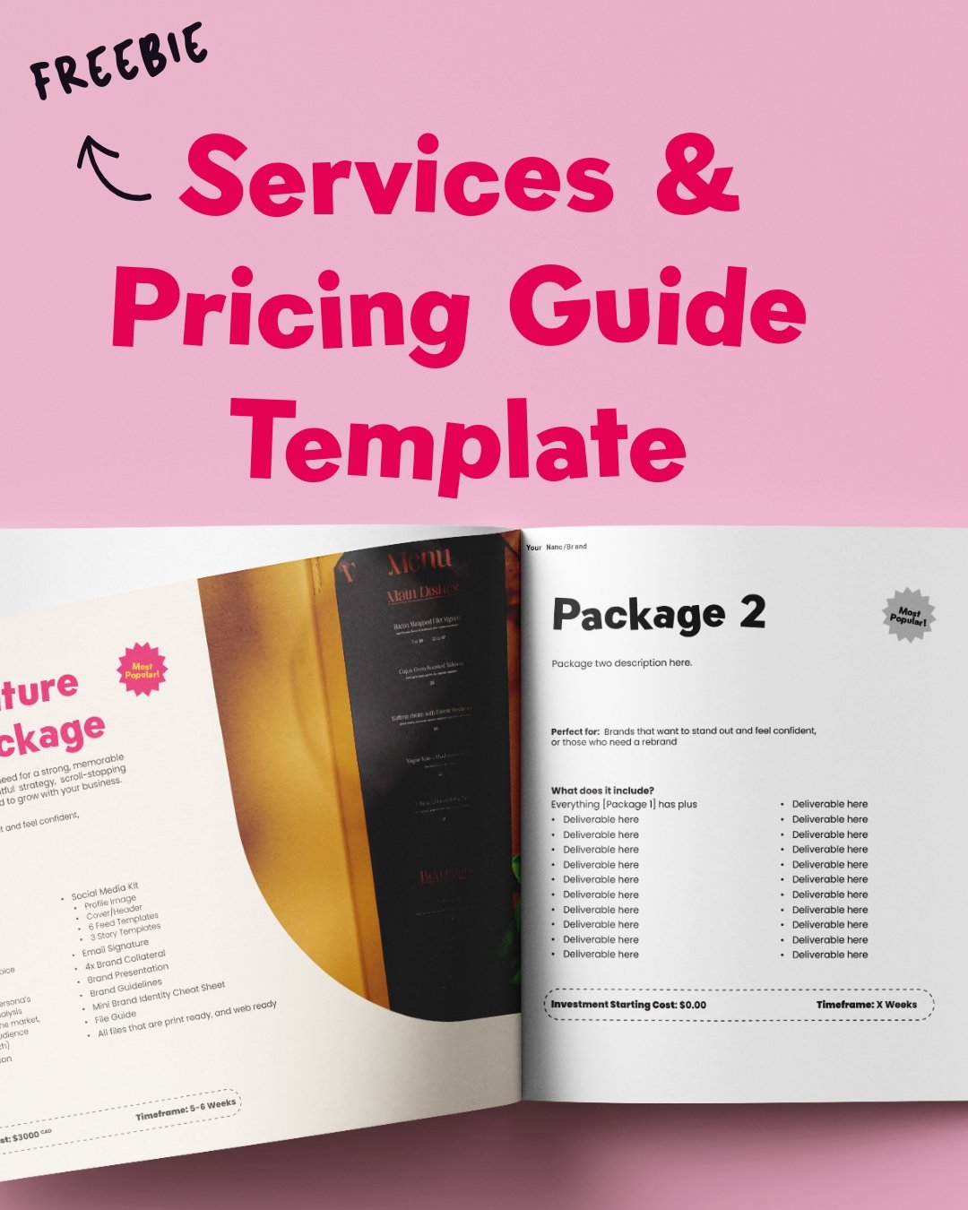 As a designer, I think it's important to always have your prices available for your clients. That's why I use a services &amp; pricing guide, and you can too! I created a freebie that's availble through my shop. Link in my bio!

what does it include?