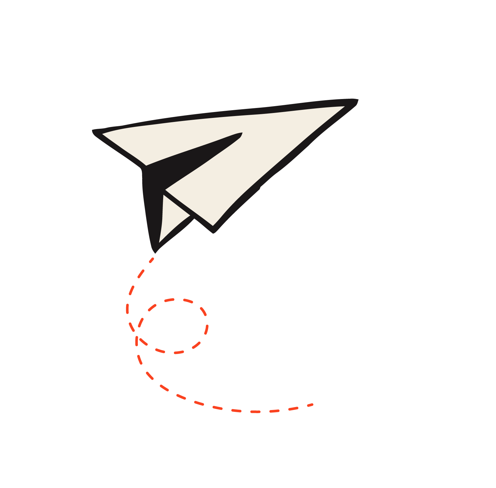 Illustration of a paper airplane with a red dashed flight path.