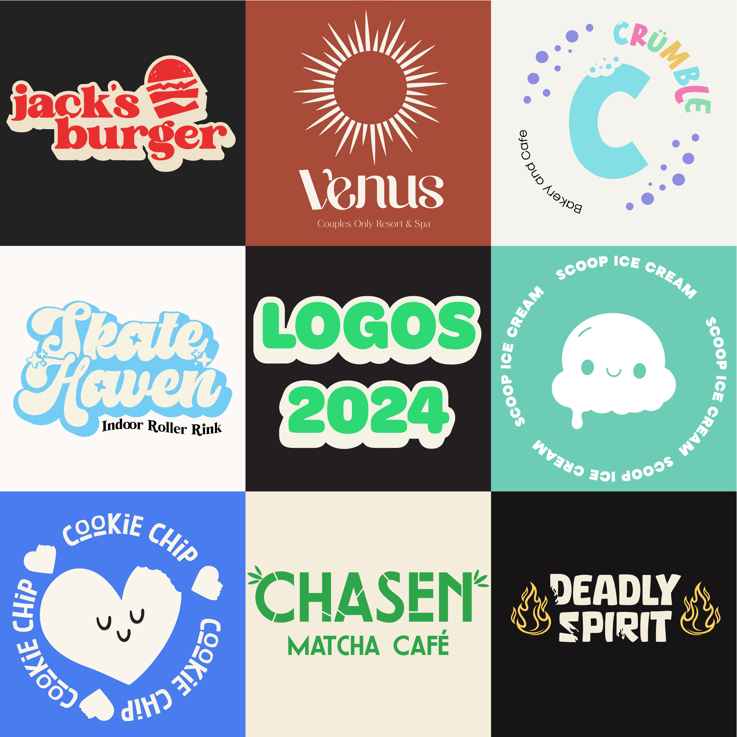 A collage of nine square logos, each with different designs and colors. The logos include 'Jack's Burger', 'Venus', 'Crunchible', 'Treat Haven Indoor Roller Rink', 'LOGOS 2024', 'Scoop Ice Cream', 'Cookie Chip', 'Chasen Matcha Cafe', and 'Deadly Spirit'.