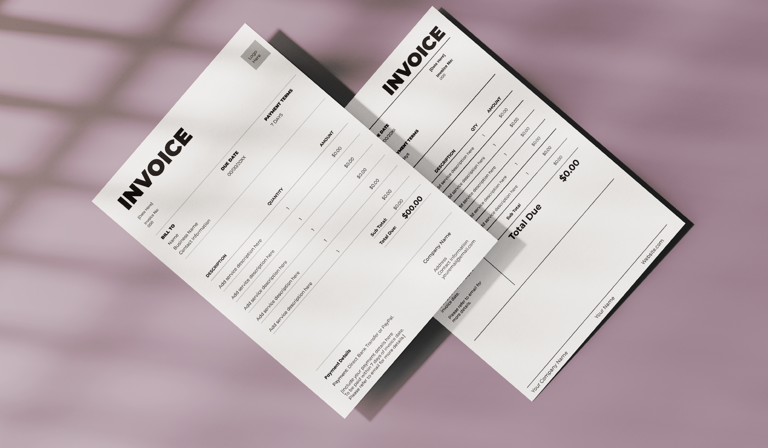 Two white invoices with black text, one slightly overlapping the other, placed on a pink surface. Both invoices have 'INVOICE' written at the top and various fields for business details, descriptions, quantities, prices, and totals.