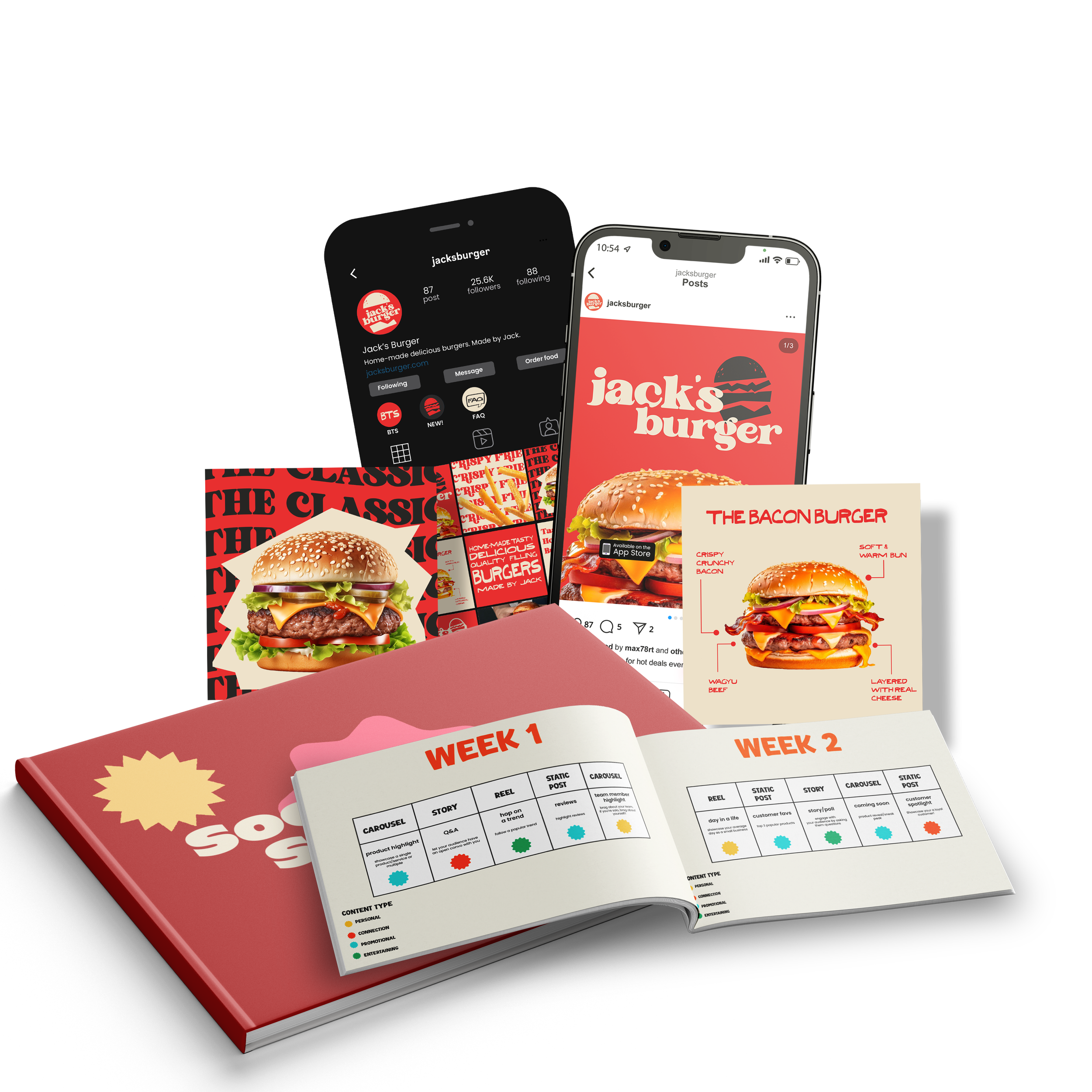 Smartphone displaying Instagram profile of "Jack's Burger" with images of burgers and promotional graphics. Background includes a close-up of a burger and decorative text.