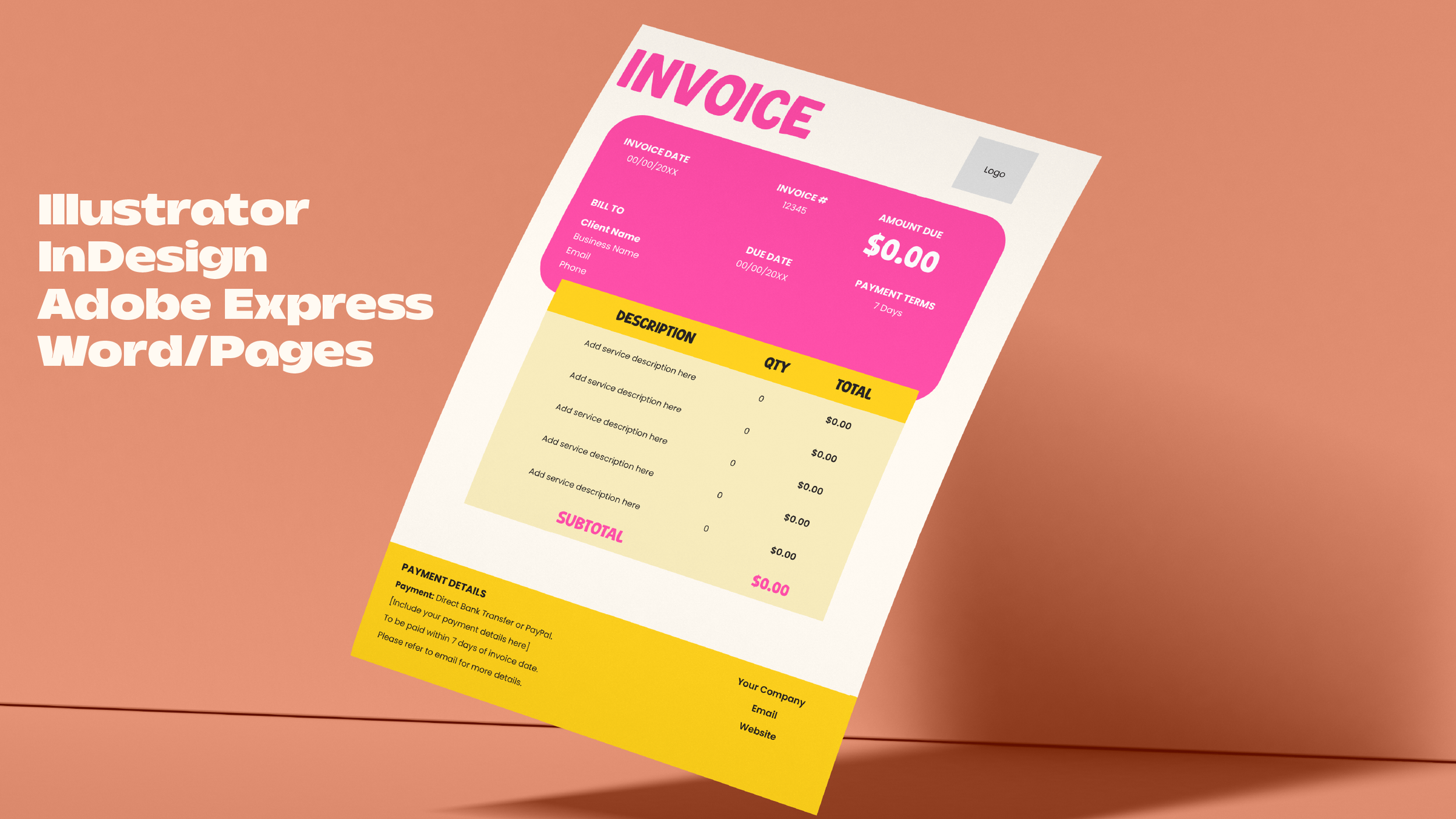 Invoice template from Adobe Illustrator or InDesign with pink and yellow highlighting, showing invoice details, itemized services, payment instructions, and placeholder company information on a peach-colored background.