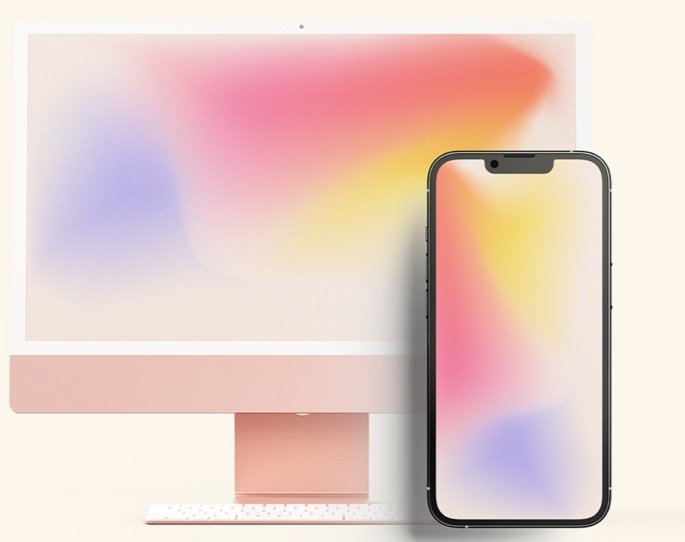 A computer monitor and smartphone displaying a colorful gradient background with pink, yellow, blue, and purple hues.