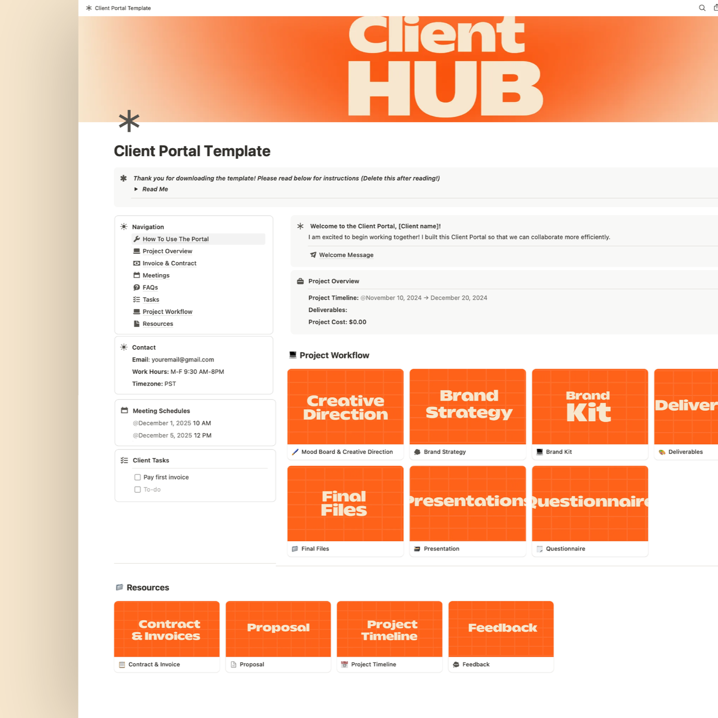 Screenshot of a client portal template with orange header and grid layout of project resources and task sections.