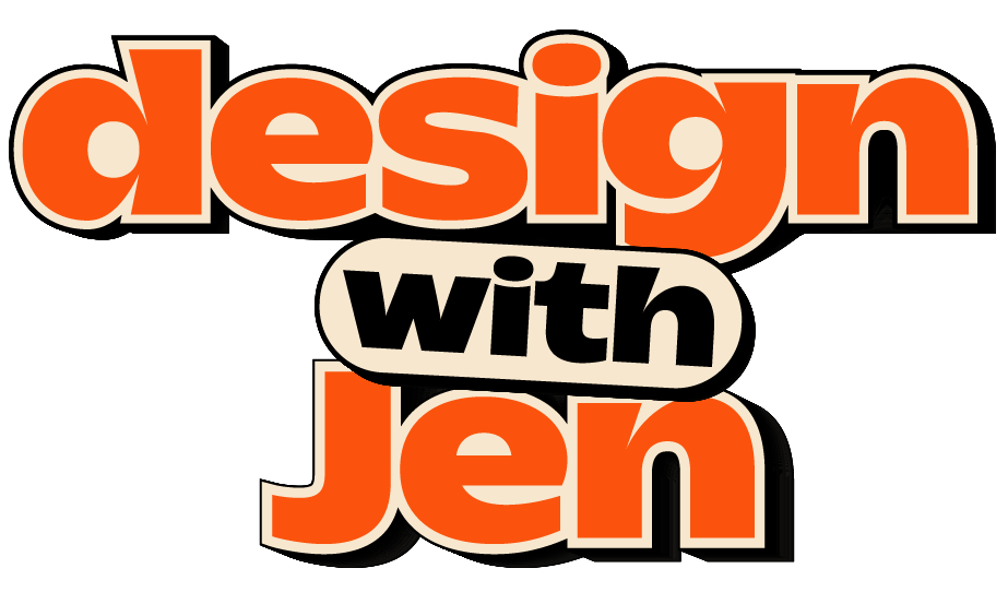 Logo with the text 'Design with Jen' in bold, stylized orange, black, and beige lettering.