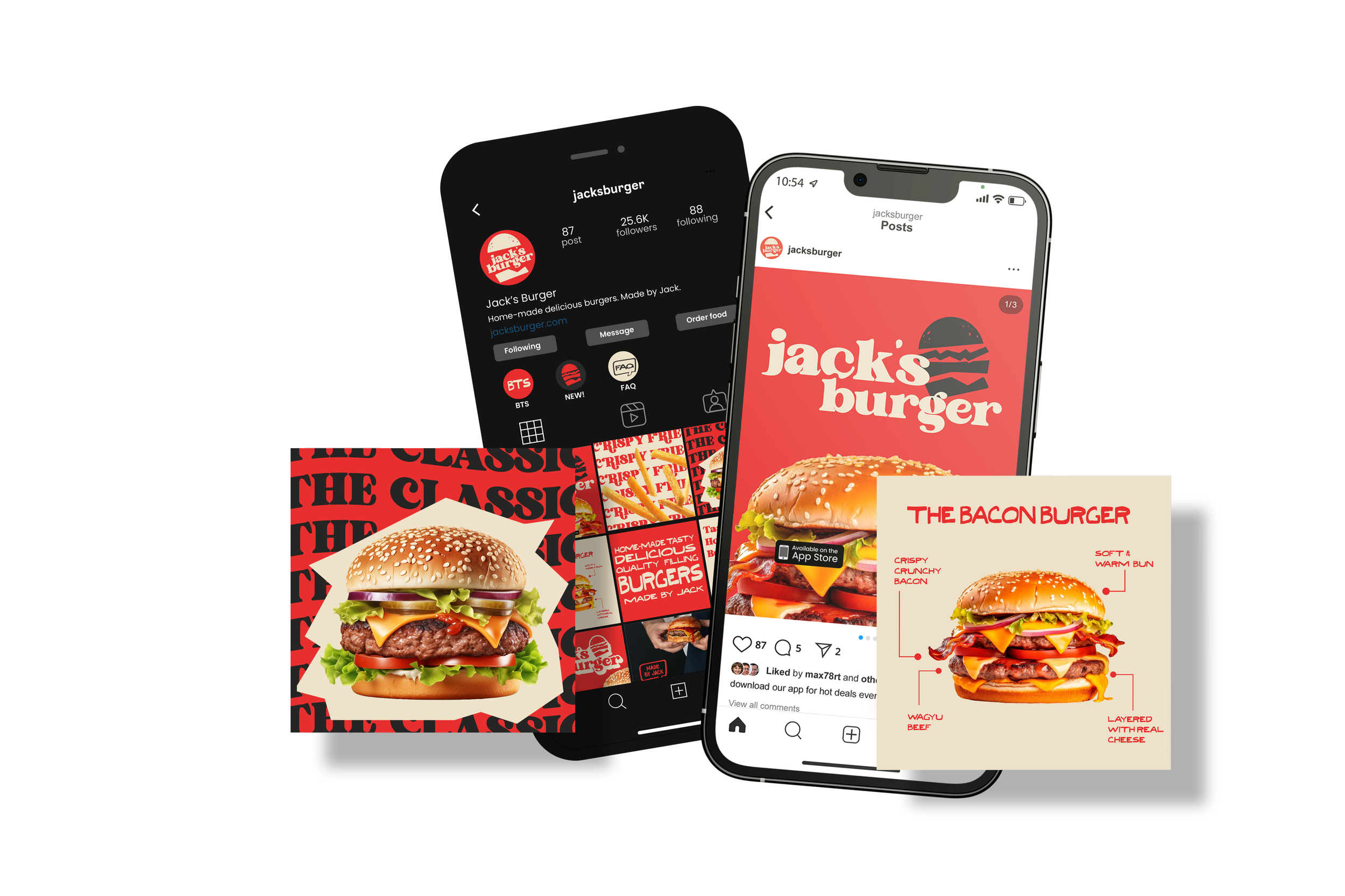 Multiple smartphones displaying social media pages, promotional images, and menu options for Jack's Burger, featuring a cheeseburger with lettuce, tomato, pickles, cheese, and a sesame seed bun.