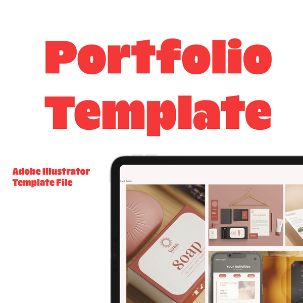 Book cover titled "Portfolio Template" with a partial image of a digital device displaying various design projects and a soap box in the foreground.