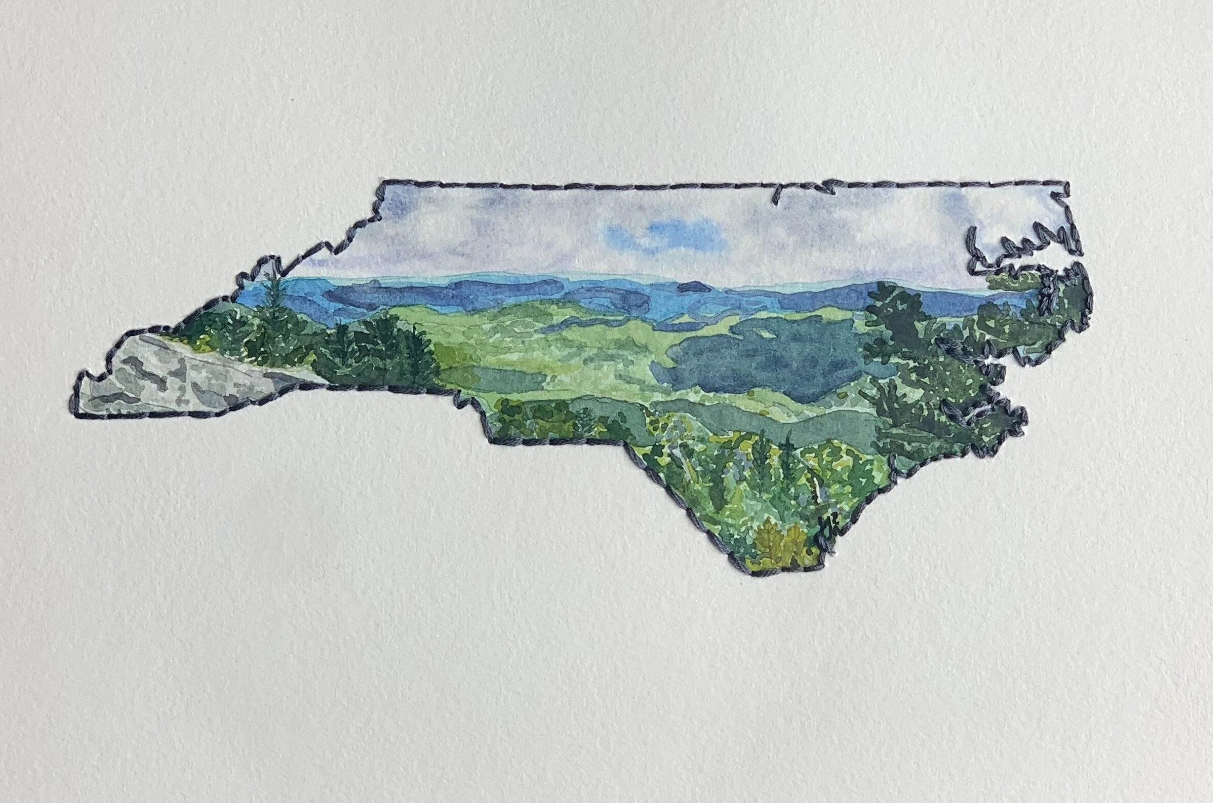 NC hand embroidered watercolor. Available at CDR Frame Shop & Gallery