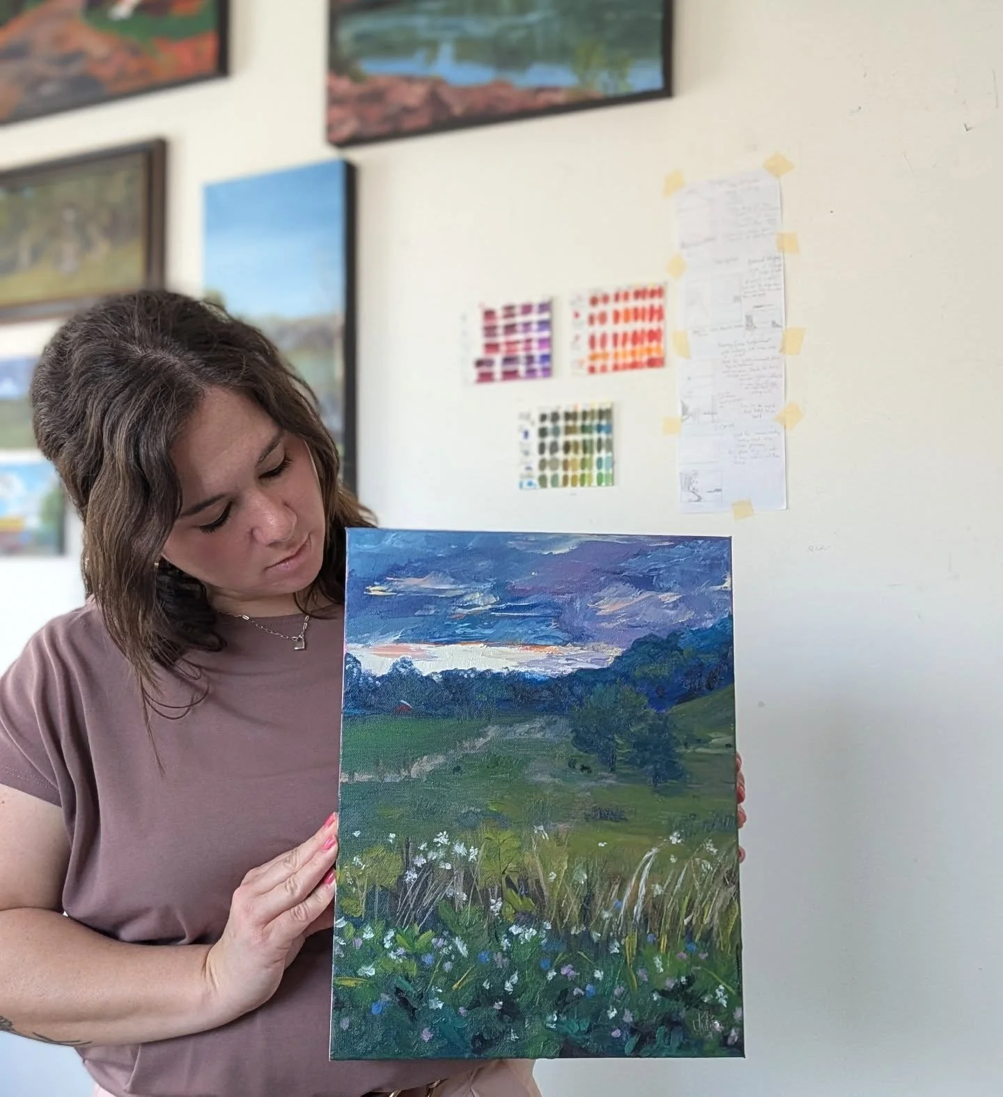 My most painted subject by far is the view from my Mom's front porch-the view I grew up with.  I named this one, "Breathe". I love the calm that the cool colors make me feel when I look at this one. Oil on canvas.