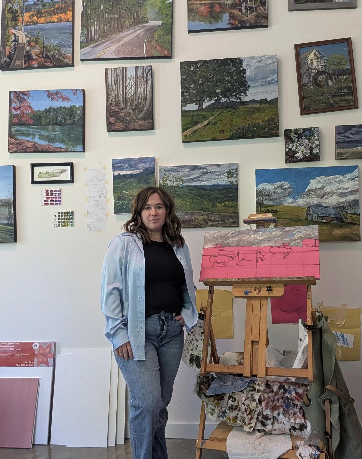 👋 A reintroduction. I'm Jamie. I've lived here all my life, and I paint landscapes of the beauty that surrounds me here in the Appalachian part of the country. I also love to read, thrift, and knit. I live with my husband, a couple of kids, and a co