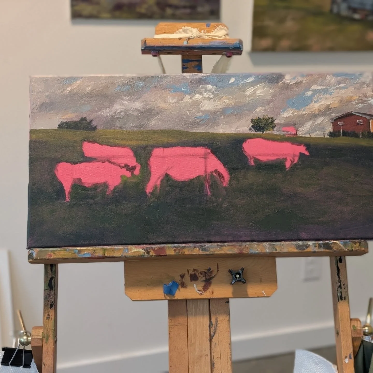 Last time I used pink for my underpainting, several 👀 of you thought I was painting pink cows. I haven't quite changed my style that much just yet 😉 but I have found that I enjoy painting cows. I decided to make that small cow painting into a large