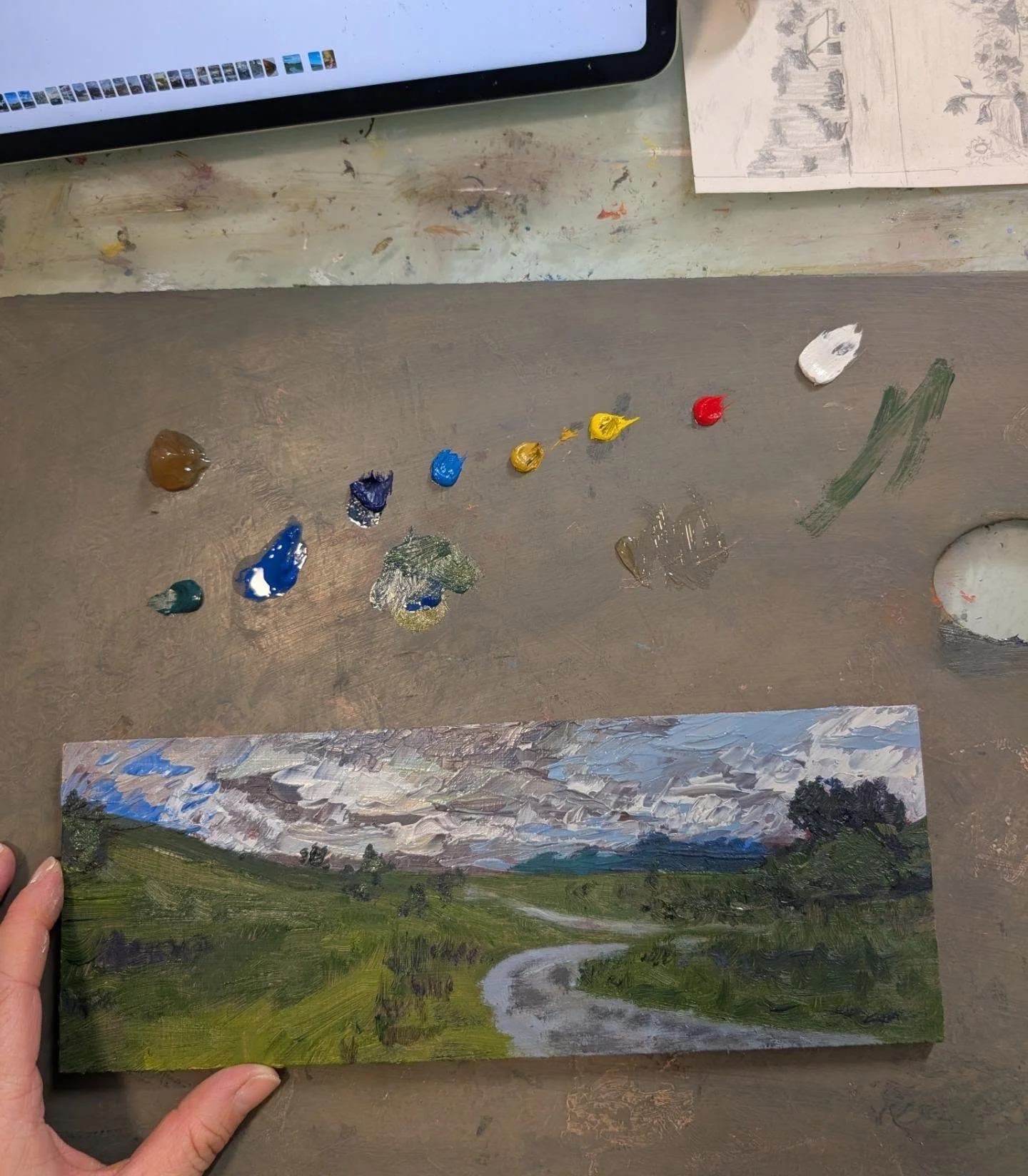 Had a nice long weekend, and finished a little painting, started another. Excuse my messy studio.