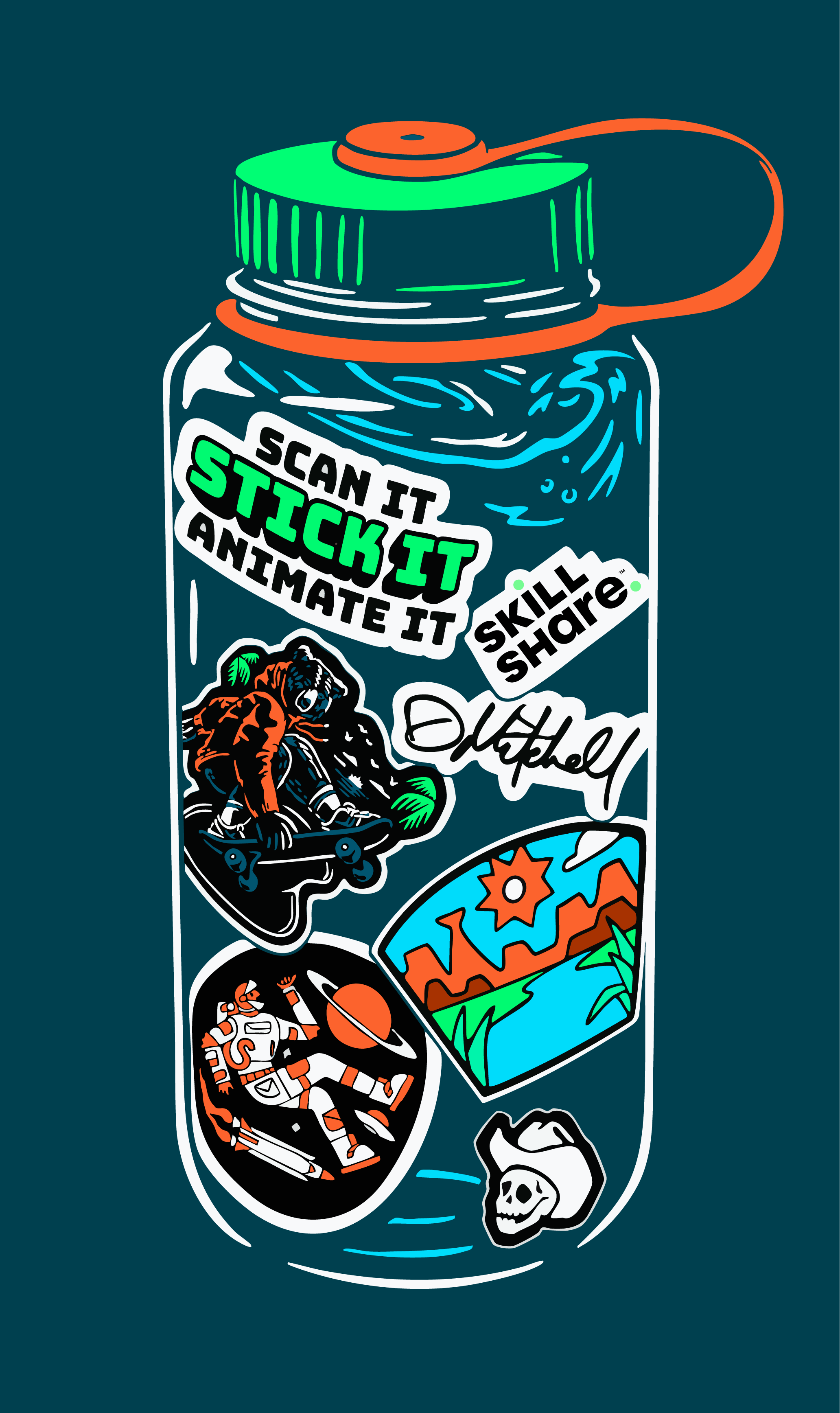 Waterbottle covered in stickers for a livestream on Skillshare's Youtube channel