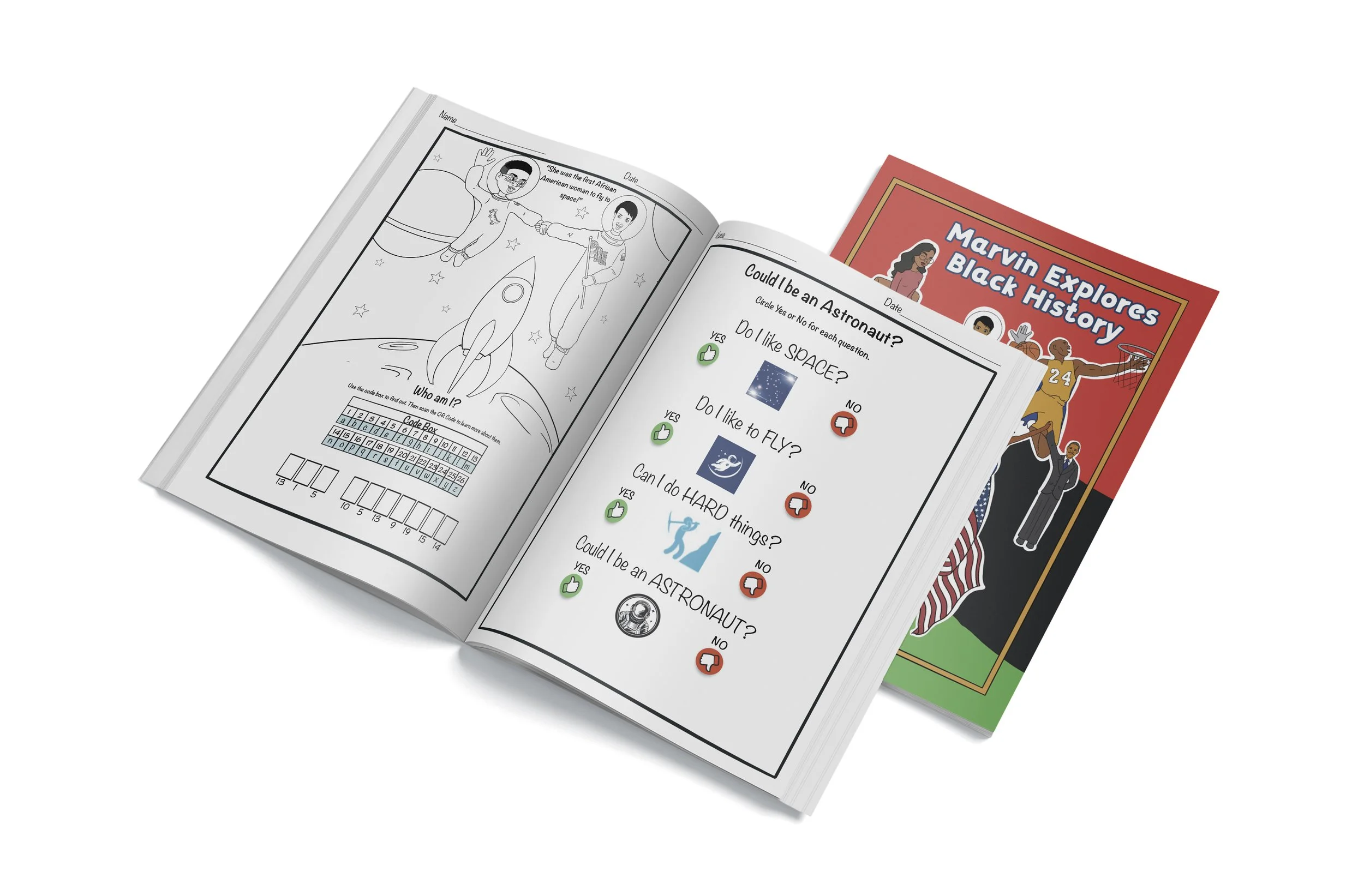Open children's educational book about African American astronaut, showing simple illustrations and a quiz with yes and no options, with another book about Marvin exploring Black history underneath.