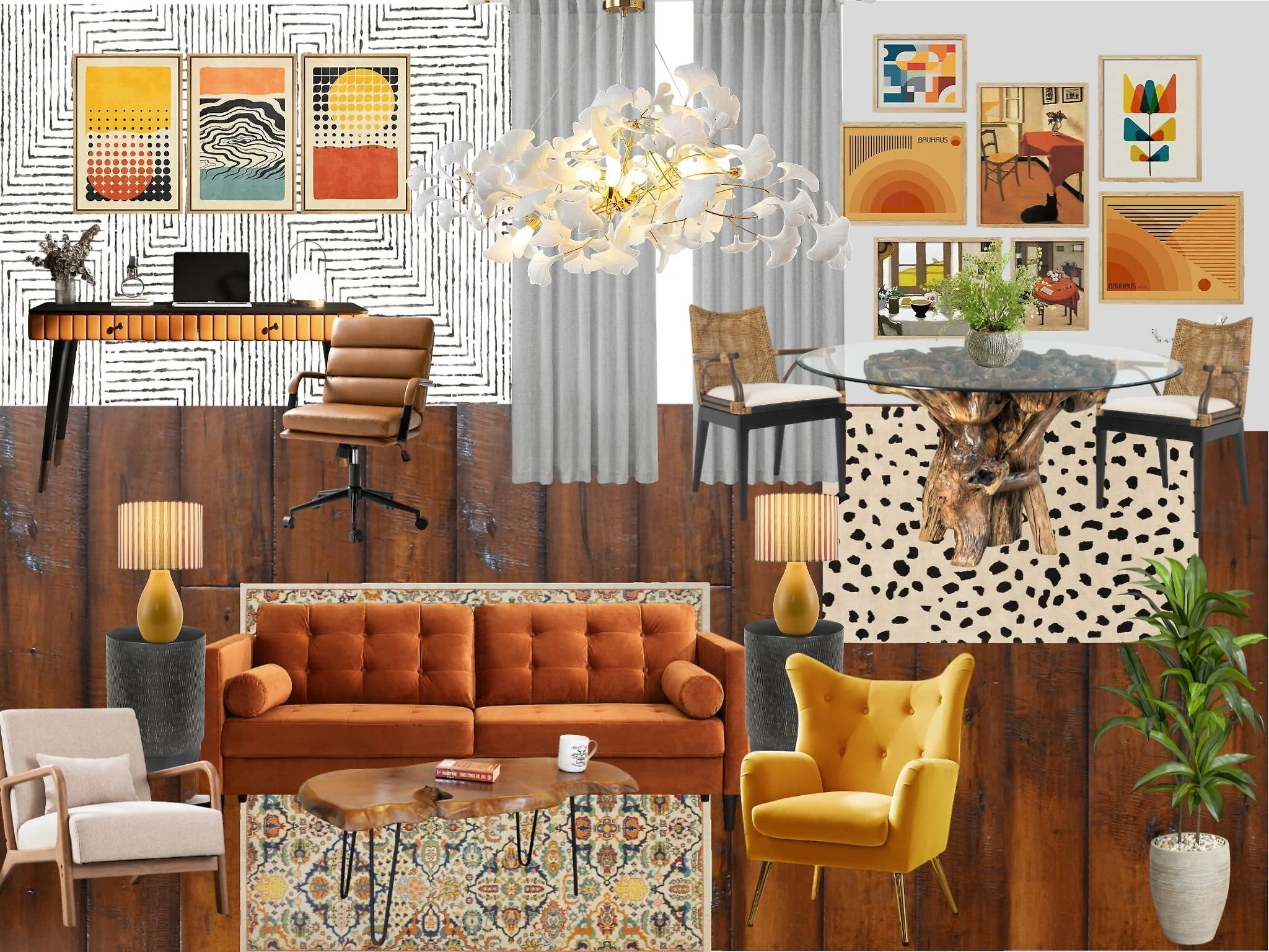 A modern living room with eclectic decor, featuring a variety of colorful and patterned furniture, artwork, and lighting. There is a round glass table with a wooden base, a bright yellow armchair, an orange velvet sofa with a rolled arm, and multiple framed abstract and scenic artworks on the walls. A large, white floral chandelier hangs from the ceiling, and there are decorative lamps on side tables. The room has a mix of textures, colors, and patterns, creating a vibrant and inviting atmosphere.