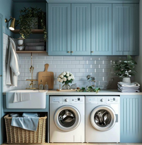 A modern laundry room with light blue cabinets, a white farmhouse sink, a washing machine and dryer, and various laundry and decor items.