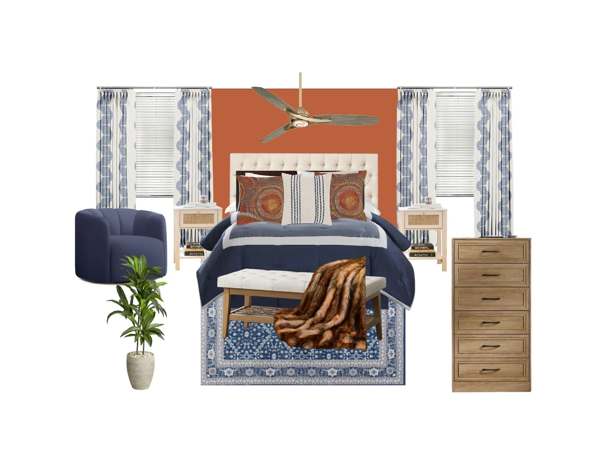 A bedroom with a bed, nightstands, dresser, armchair, and decorative pillows, featuring a terracotta accent wall, patterned curtains, and a ceiling fan.