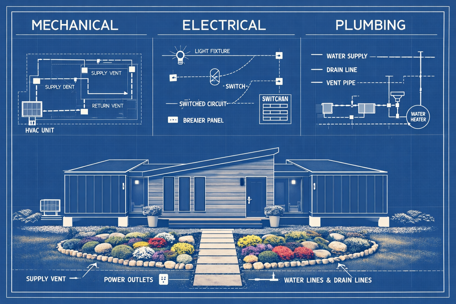 Blueprint of a modern house showing mechanical, electrical, and plumbing systems. The schematic includes HVAC unit, supply and return vents, electrical lights, switches, breaker panel, water heater, and water lines.