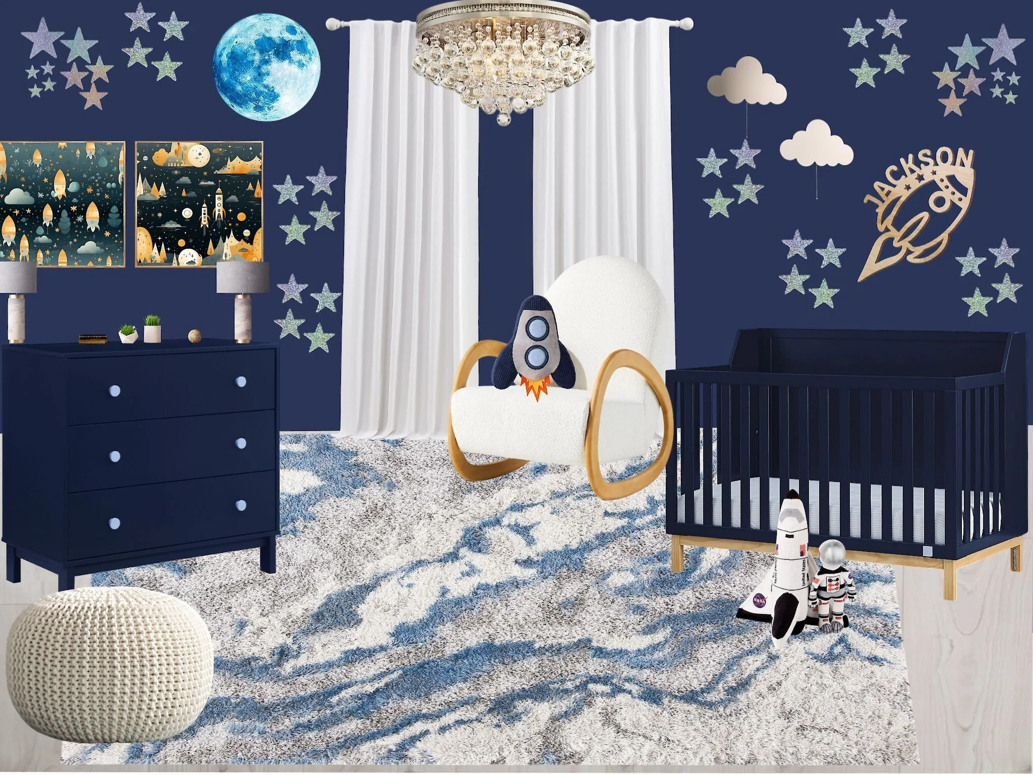 A space-themed nursery with navy blue walls decorated with stars, moon, clouds, and space-themed artwork. There is a white curtain, a chandelier, a navy blue dresser with small plants, a white rocking chair with a rocket plush, a black crib, and space and astronaut toys on the floor.