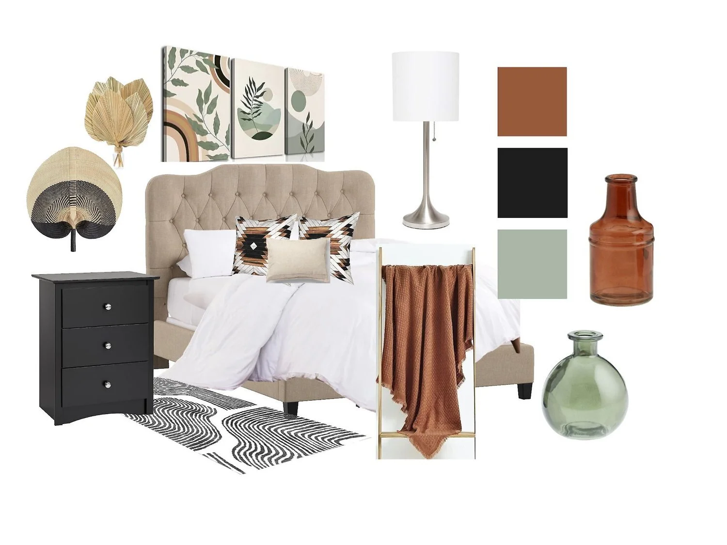 A collage of bedroom furniture and decor, including a beige upholstered bed with patterned pillows, a black nightstand, a white table lamp, and framed botanical art, with color and object swatches and decorative vases.