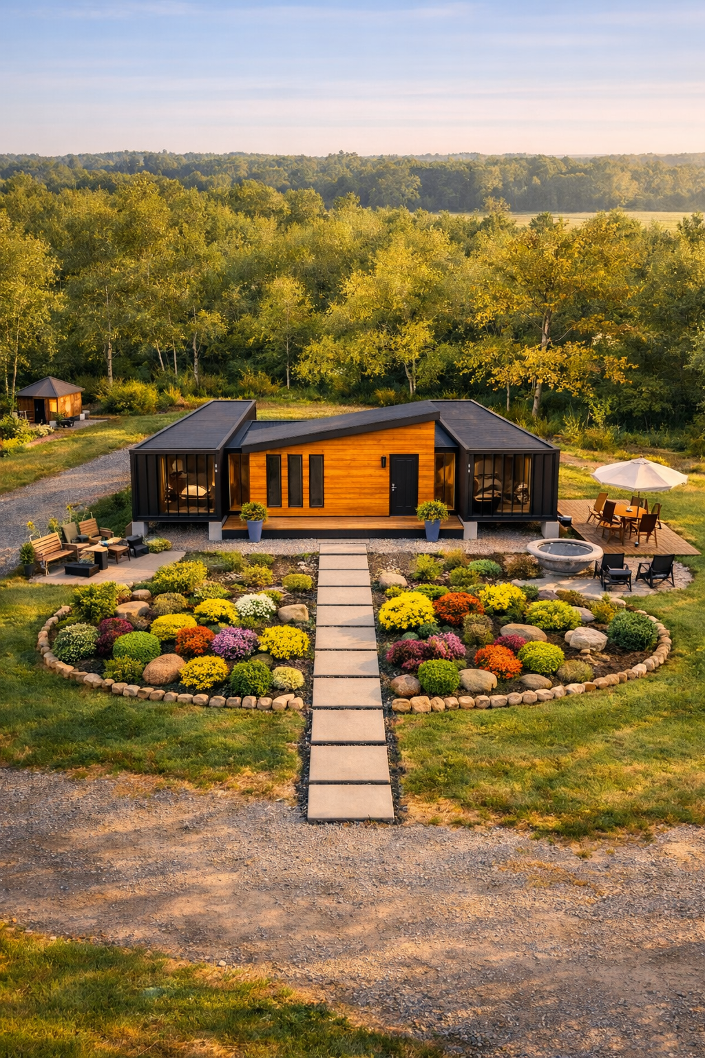 Modern single-story house with large windows, surrounded by a landscaped garden with colorful flowers and a stone pathway leading to the entrance, set in a rural area with trees and open fields in the background.