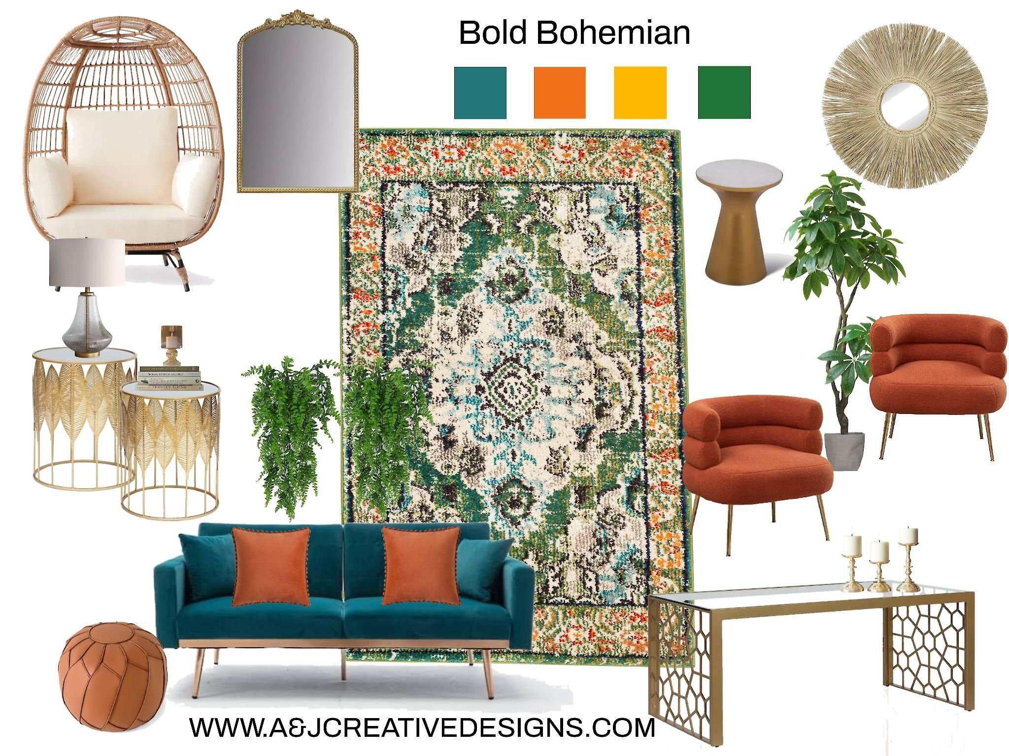 Bold Bohemian interior design mood board with eclectic furniture, including a woven egg chair, ornate mirror, colorful rug, gold side tables, teal sofa with pillows, burnt orange armchairs, potted plant, and decorative mirror, highlighting vibrant and diverse elements.