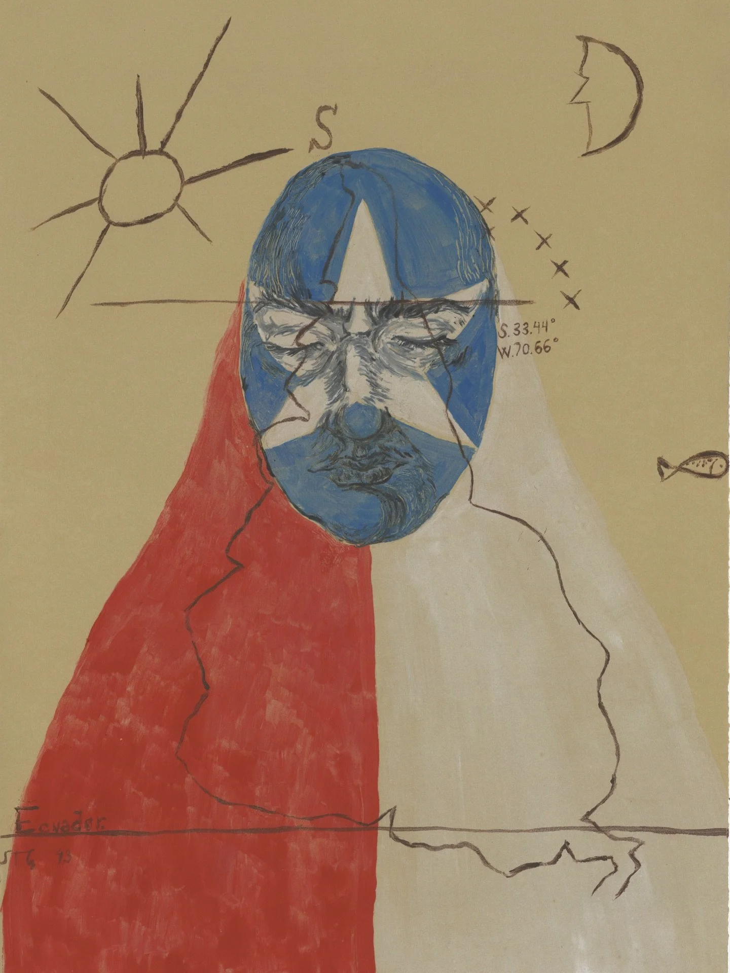 In this piece, the figure is veiled in the flag, and in a second layer I printed, I overprinted Joaquin Torres Garcia&rsquo;s &ldquo;Inverted America&rdquo;, with a slight change by changing the coordinates and central focus to Santiago, Chile instea
