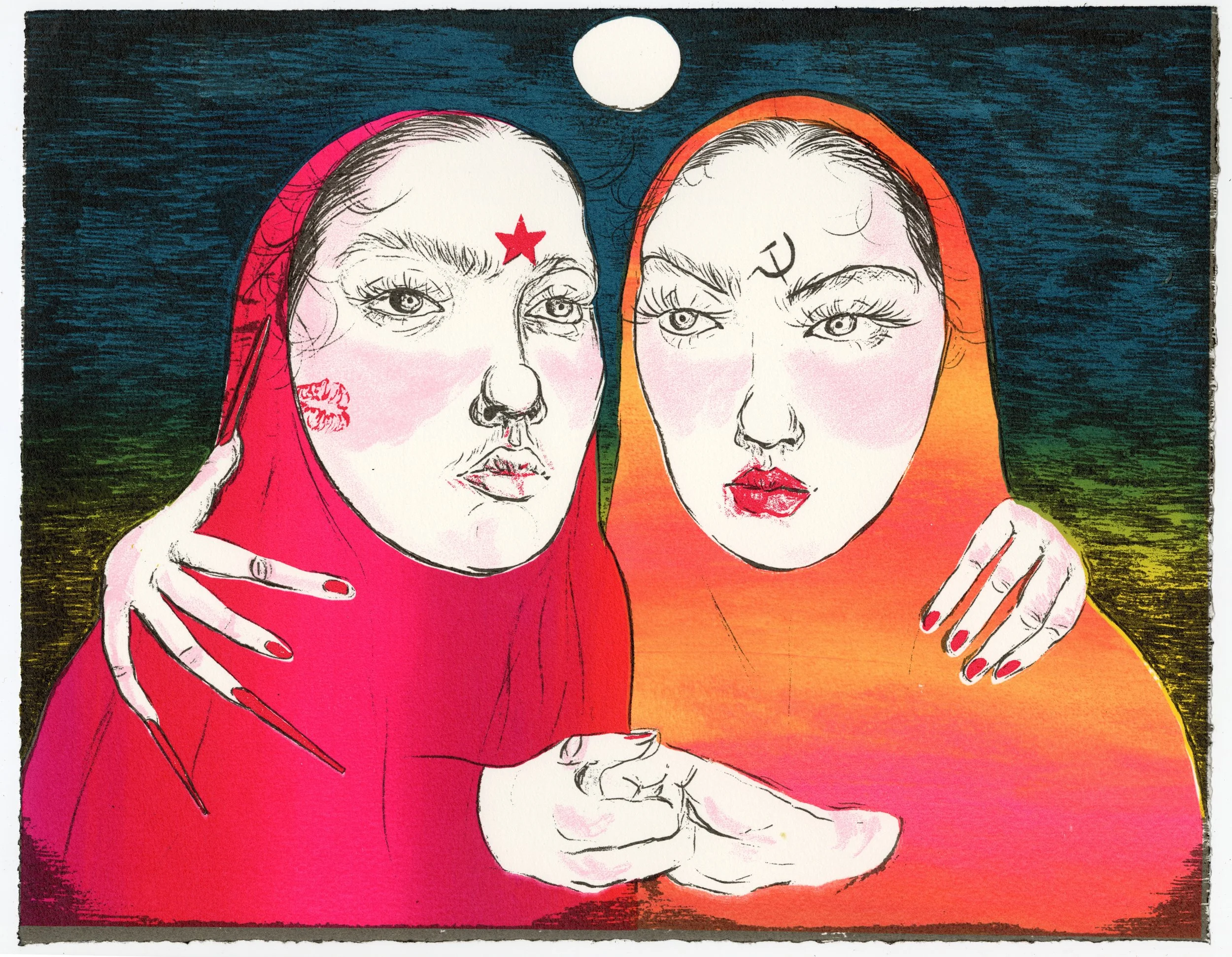 Pinko and Sappho, 11x14", 6 layer screenprint, 2026