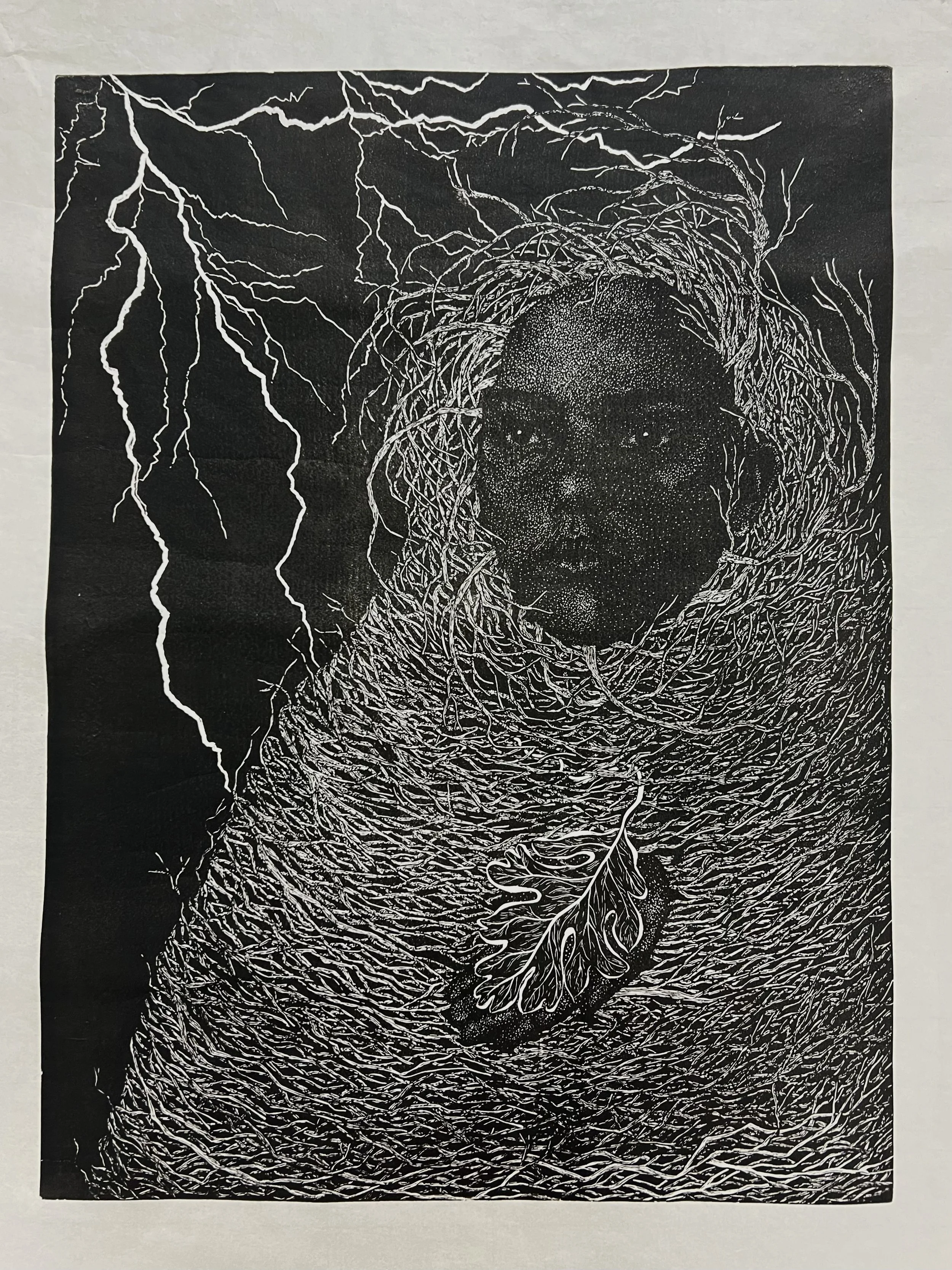 "i thought it would kill me", 22x30", linocut, 2026