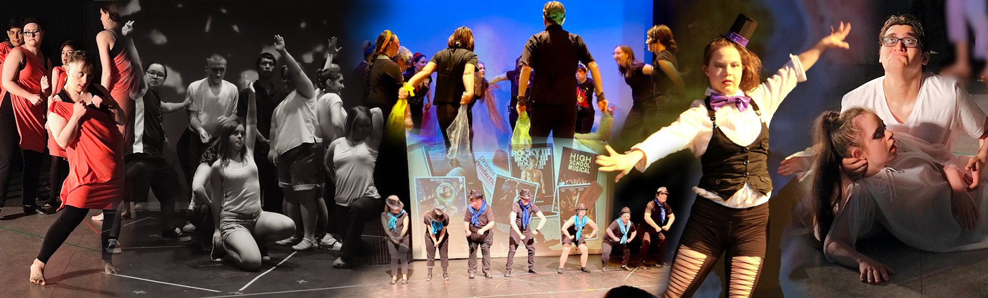Collage with pictures of DramaWay dance groups dancing on stage in costumes.
