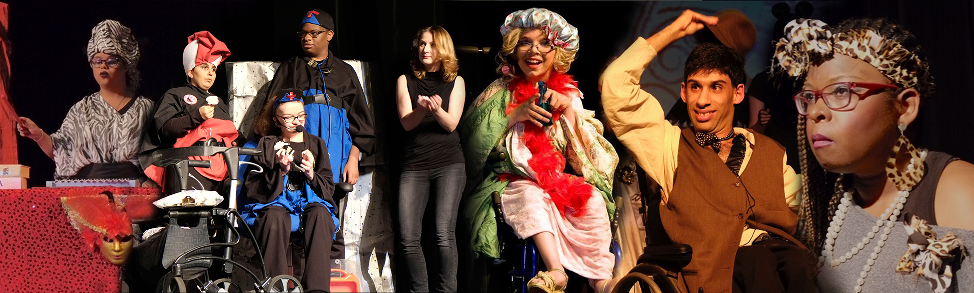Collage with pictures of DramaWay participants performing on stage in costumes.