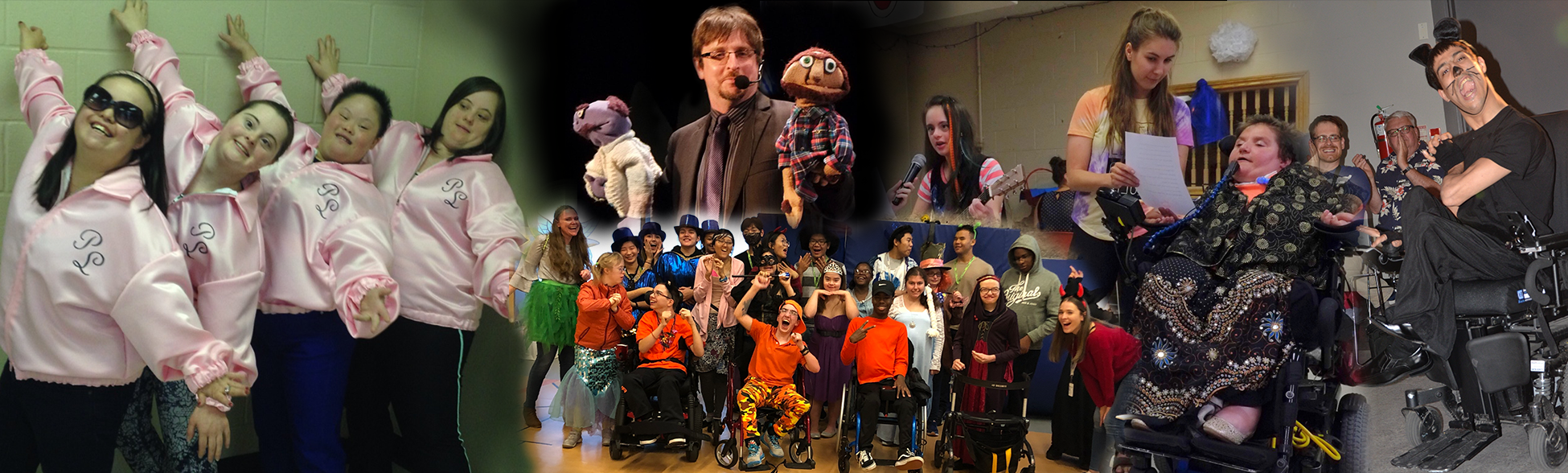 Collage with pictures of DramaWay participants posing in costume, taking a group picture, reading from a script, and puppeteering.
