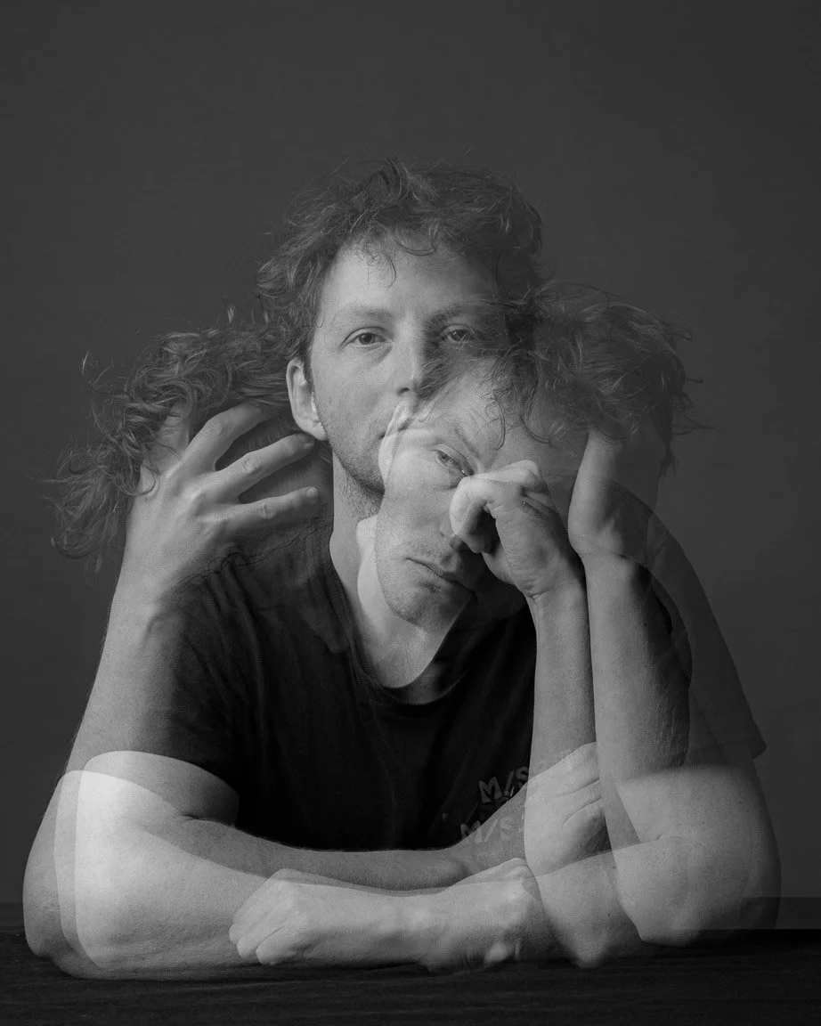 A black and white portrait featuring a triple exposure of one man experiencing a range of emotions. The composition reflects his journey through the pressures of conforming to societal expectations surrounding masculinity.