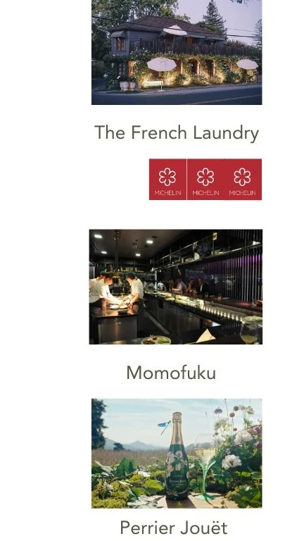 Collage with images and text representing The French Laundry with a Michelin star rating, Momofuku kitchen, and Perrier-Jouët champagne bottle in a floral setting.