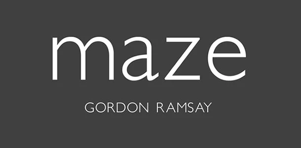 Logo of "Maze," a Gordon Ramsay restaurant, with white text on a dark gray background.