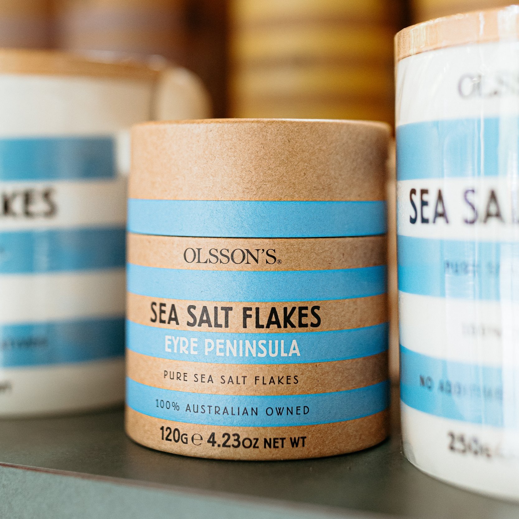 Olsson's Sea Salt Flakes container with blue and beige design, Eyre Peninsula label, 120g