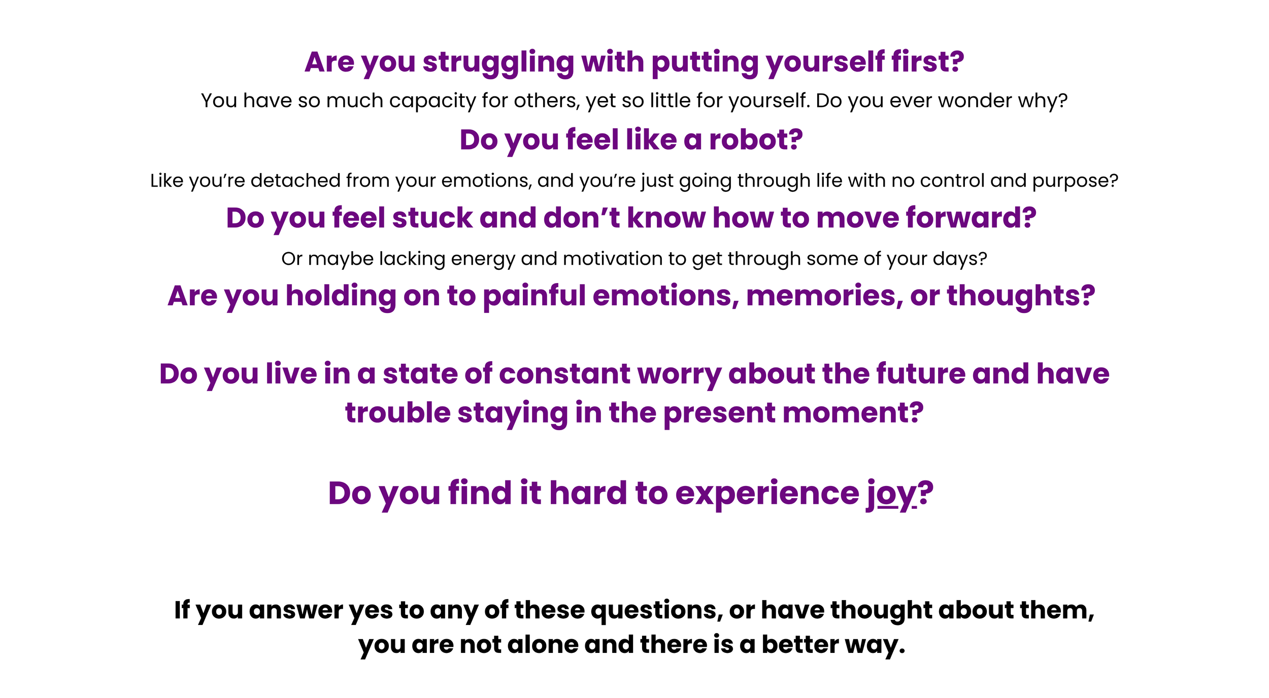 Text-based image with questions about mental health and self-care, written in purple and black font.