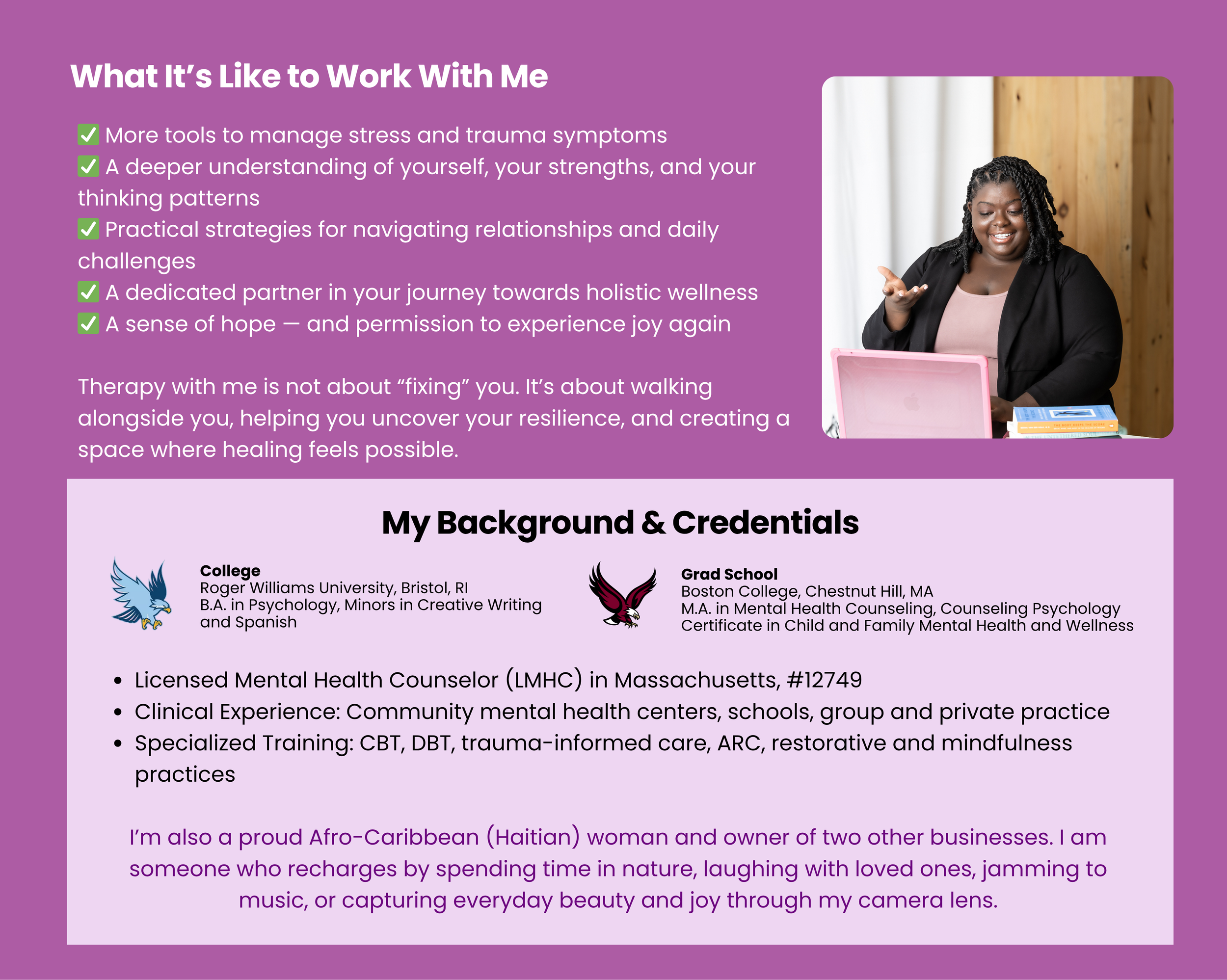 A digital infographic introducing a mental health therapist with a purple background. It features a photo of a woman smiling at a laptop, with text detailing therapy benefits, background, and credentials, including her education and experience in men
