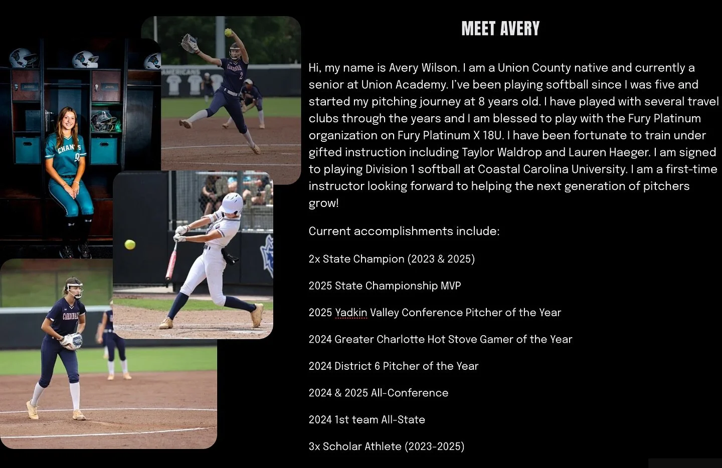 Giving a big welcome to the newest pitching instructor in town! Avery Wilson, senior at Union Academy, is currently accepting new students and will be working out of Mission Baseball in Stallings. 

Her schedule is open and ready for bookings! 
To bo