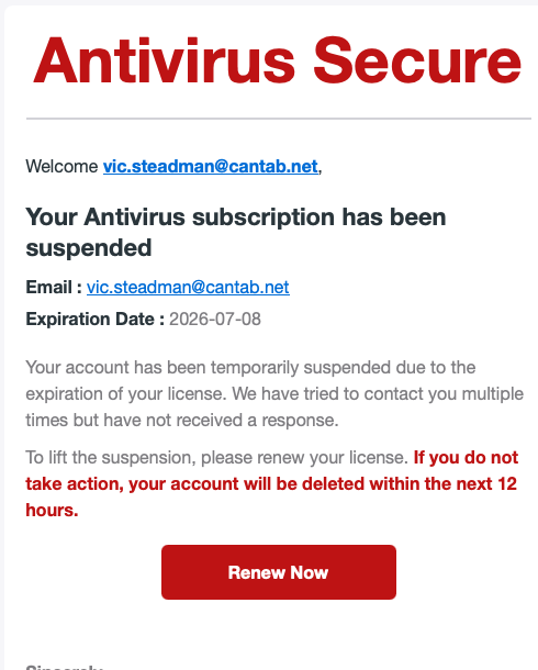 Scam Watch – Fake McAfee Renewal Emails