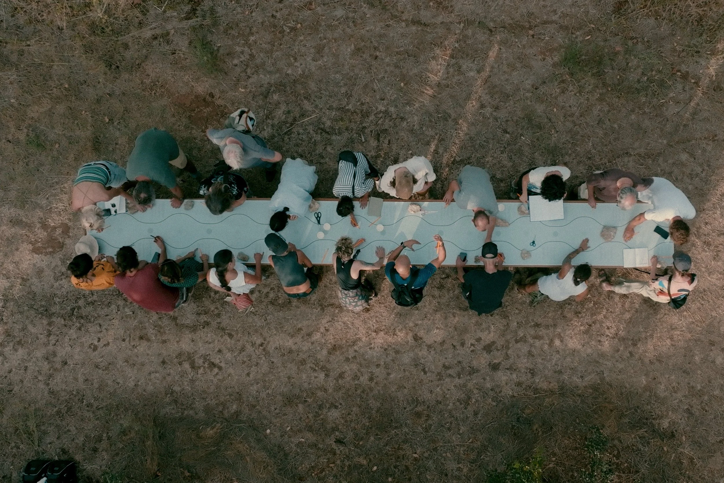 People standing around a long table outdoors on dry grass, seen from above.