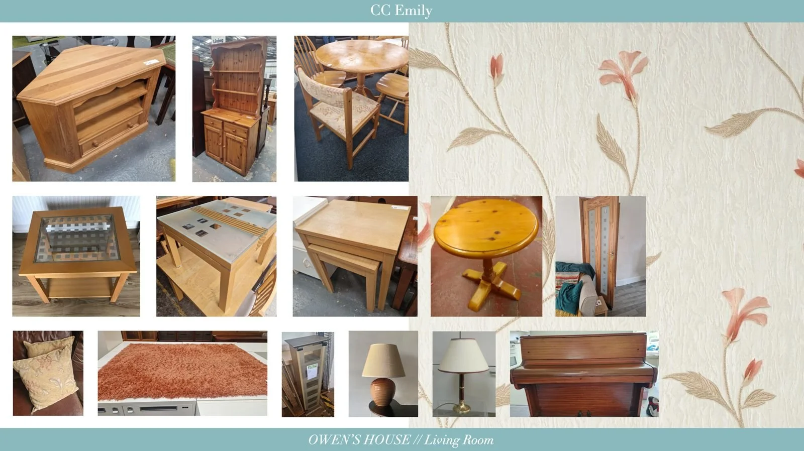 Collage of various furniture items including wooden tables, chairs, a small round stool, nightstand, lamps, a bench, and a rug, labeled "Owen's House // Living Room."
