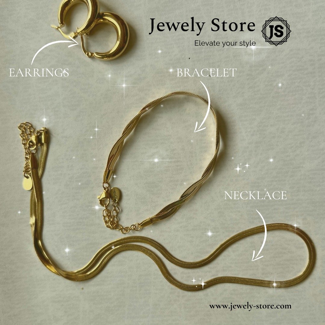 Irradiez de sophistication avec notre ensemble en or et acier inoxydable ✨
 &Eacute;levez votre style avec l'allure intemporelle d'un collier, de boucles d'oreilles et d'un bracelet assortis. D&eacute;voilez le c&ocirc;t&eacute; chic de l'&eacute;l&e
