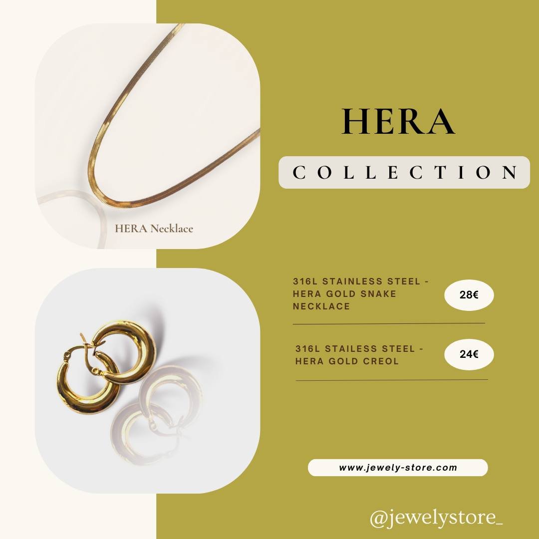 Sublimez votre &eacute;l&eacute;gance avec notre ensemble Hera en acier inoxydable 316L. ✨ 
Ces boucles d'oreilles et ce collier dor&eacute;s incarnent la sophistication &agrave; l'&eacute;tat pur. 🌟 
D&eacute;couvrez la fusion parfaite entre style 